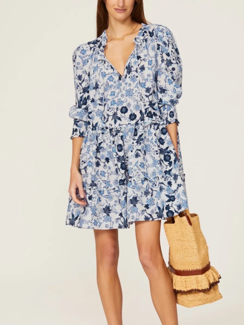 Misa Los Angeles Long Sleeve Maya Dress Blue White Floral Ruffle Menara XS